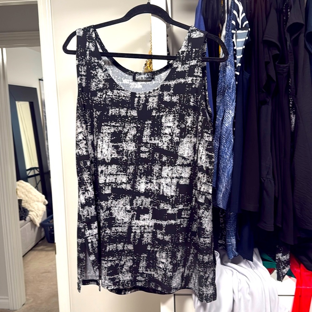 Sympli Black and White Printed Go To Tank Relax Scoop Neck Tank Top, 16